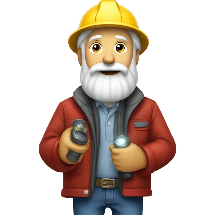 Old diamond miner with a big white beard, dynamite in his hand, red jacket, jeans, yellow helmet with flashlight emoji