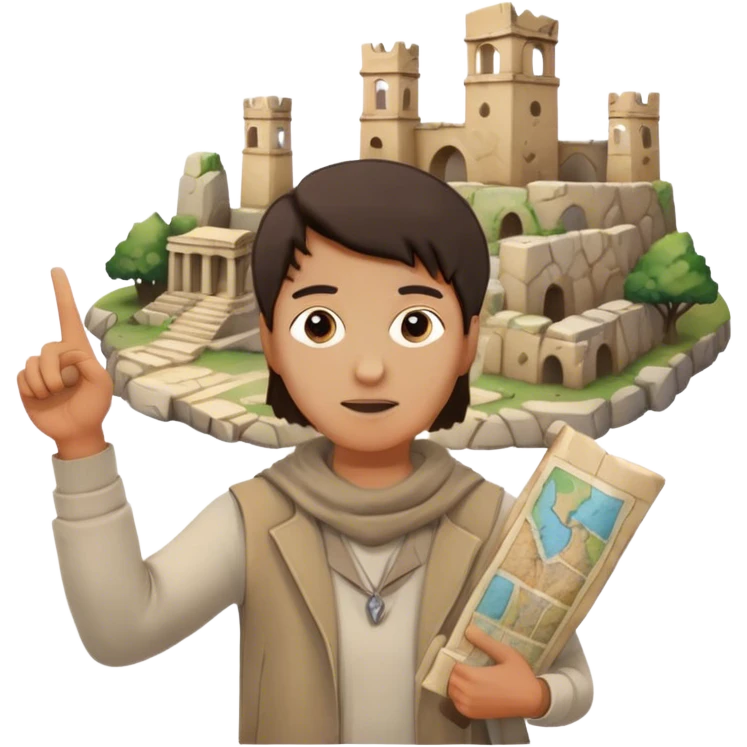 Icon for Documentary Film: A traveler in casual clothing standing and pointing towards ancient ruins, explaining history. The scene should evoke a sense of exploration, with the traveler holding a map or scroll. Include crumbling stones and historical artifacts. Transparent background. emoji