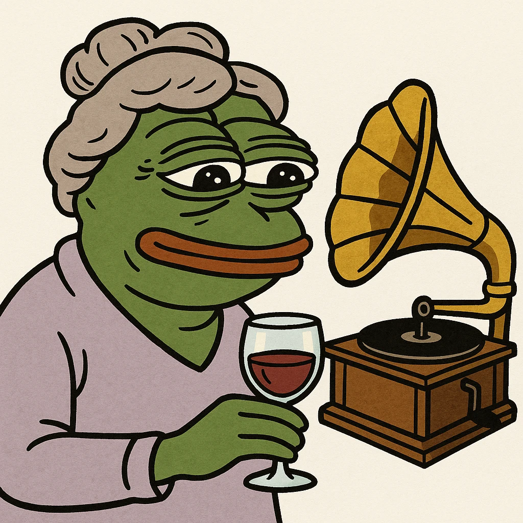old lady with wineglass listening to gramophone emoji