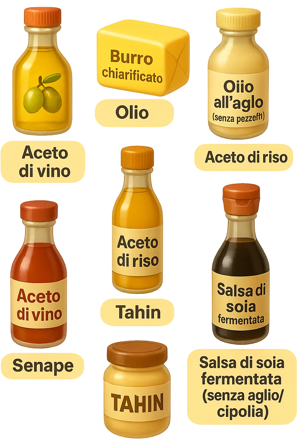 emoji stile iphone 3d di questi elementi che fluttuano in aria sparsi casualmente:

Olio extravergine d’oliva, burro chiarificato
Olio all’aglio (senza pezzetti)
Aceto di vino, aceto di riso, senape, tahin
Salsa di soia fermentata (senza aglio/cipolla)


 che fluttuano sparse casualmente in aria, le etichette dei prodotti scrivile in italiano, iperealistico 4k emoji