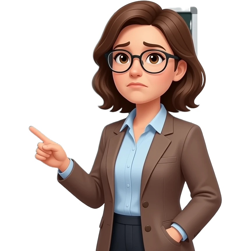 A photorealistic portrait of a female teacher in her 30s wearing glasses, standing in a school classroom. She has a skeptical look, looking up at the viewer with calmdown. Next to her, a large blackboard has the text 'Who is Hasbulla?' written in messy chalk. Soft overhead classroom emoji