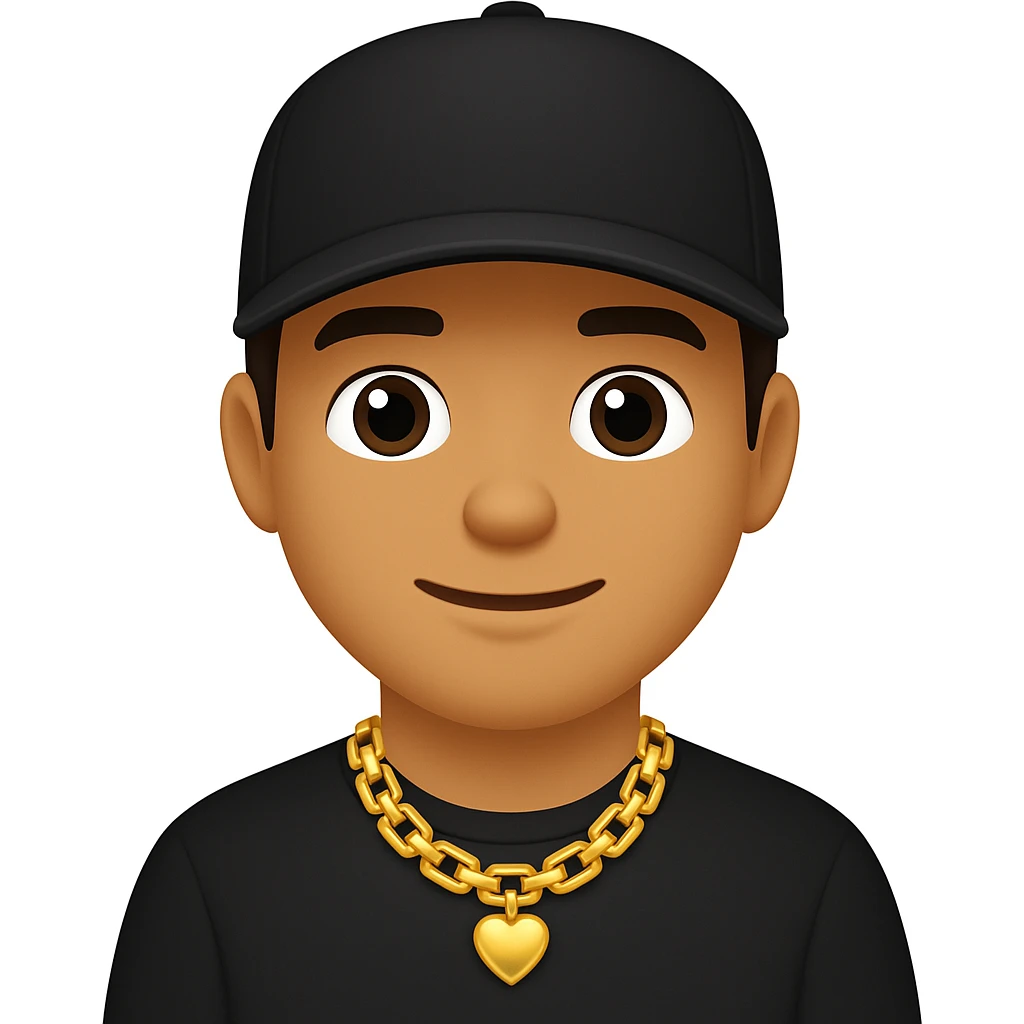 Create an image of a man with a gold chain and a baseball cap in the style of emoji style. The style should resemble emoji aesthetics with clear, simple, and colorful features. emoji