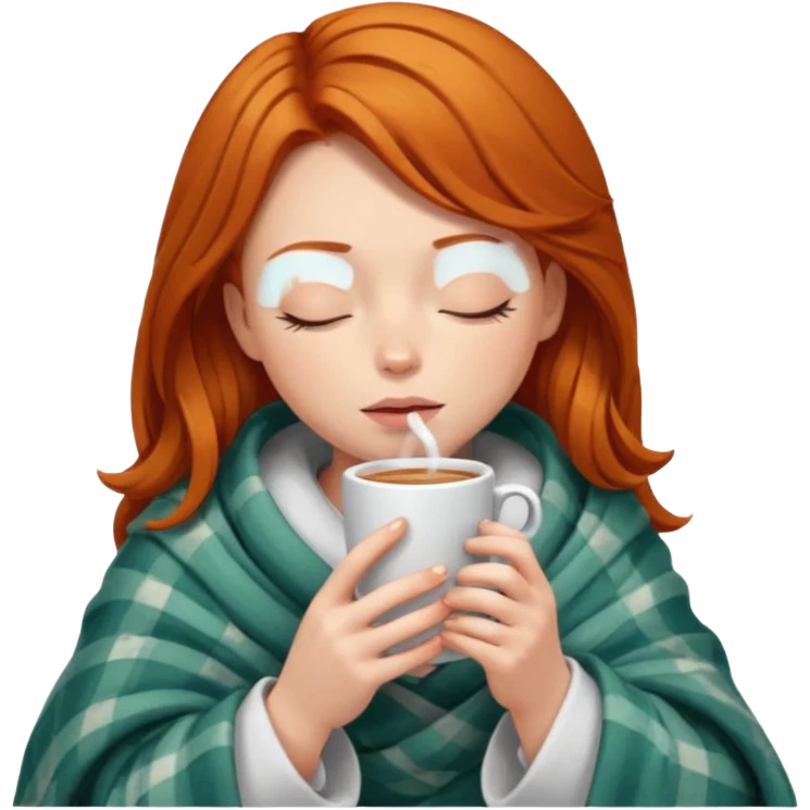 girl with ginger hair inside a blanket sipping coffee eyes closed emoji