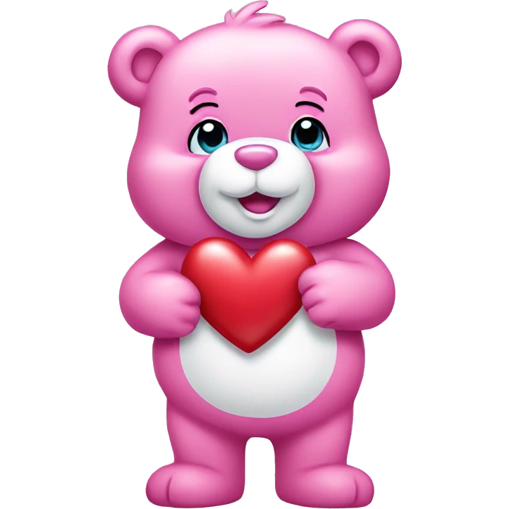 Pink care bear holding a heart emoji
