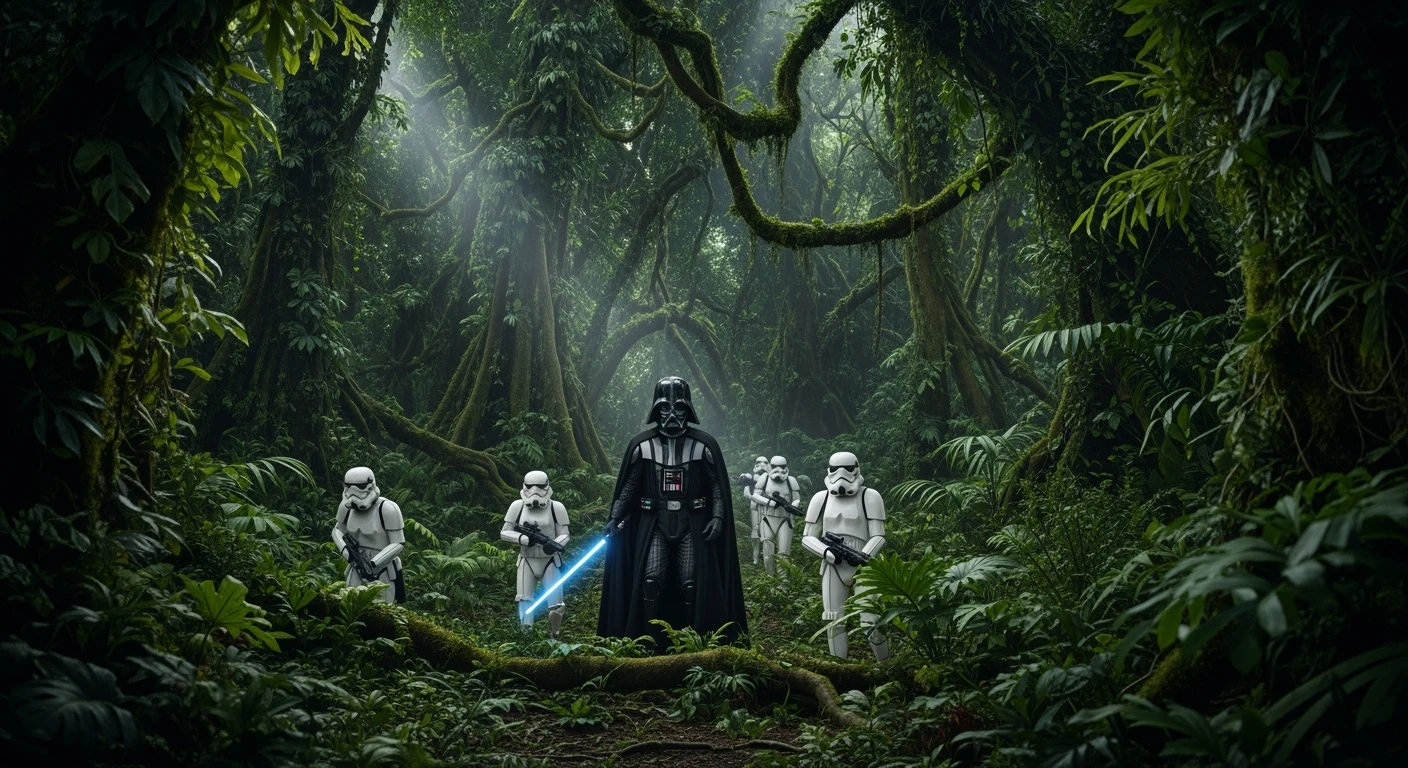 cinematic still, Closeup shot, amazon jungle, Darth Vader around stormtroopers is exploring the jungle, inspired by StarWars movie, captured by arri alexa emoji