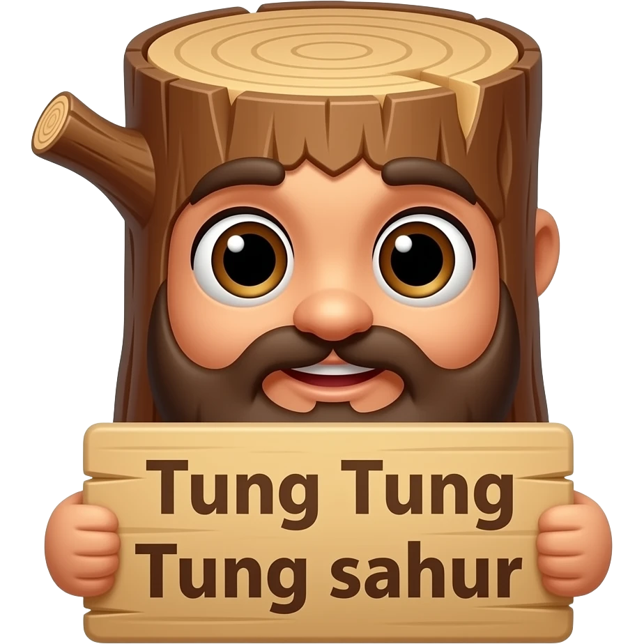 Woden log holding a sign that says “Tung Tung Tung sahur” emoji