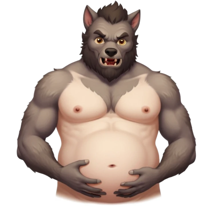 A shirtless pregnant burly male werewolf holding his pregnant belly, he has plump moobs and lactating nipples  emoji