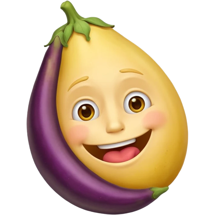 An ashamed, smiling yellow face emoji with a huge eggplant in his mouth. emoji
