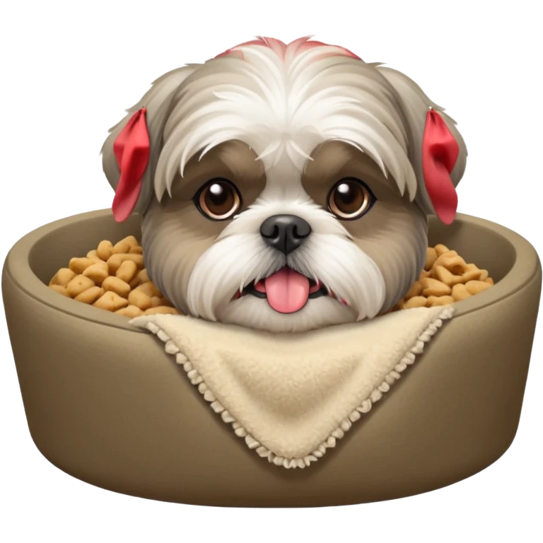 old ALL grey shih tzu in dog bed tongue hanging out bowl of food in front emoji