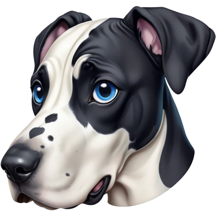 Cinematic Cute Harlequin Great Dane Portrait Emoji, Head tilted playfully and inquisitively, featuring a glossy coat of predominantly white with dynamic black patches, round, sparkling blue eyes filled with gentle curiosity, Simplified yet irresistibly adorable features, highly detailed, glowing with a warm, friendly glow, high shine, affectionate and gentle, stylized with a touch of whimsy, bright and endearing, soft glowing outline, capturing the essence of a mischievous yet loving pup, so playful it feels like it could lumber out of the screen and into your arms! emoji