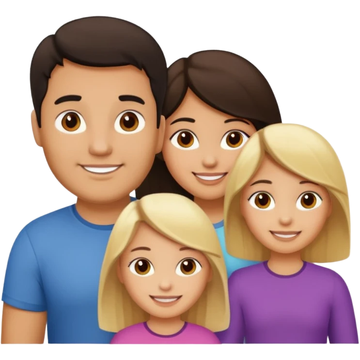 Familia de 4 personas sonriendo: Hombre gordito pelo oscuro, Mujer pelo cafe, hija 1 pelo mono e hija 2 pelo oscuro.sólo 4 personas. emoji