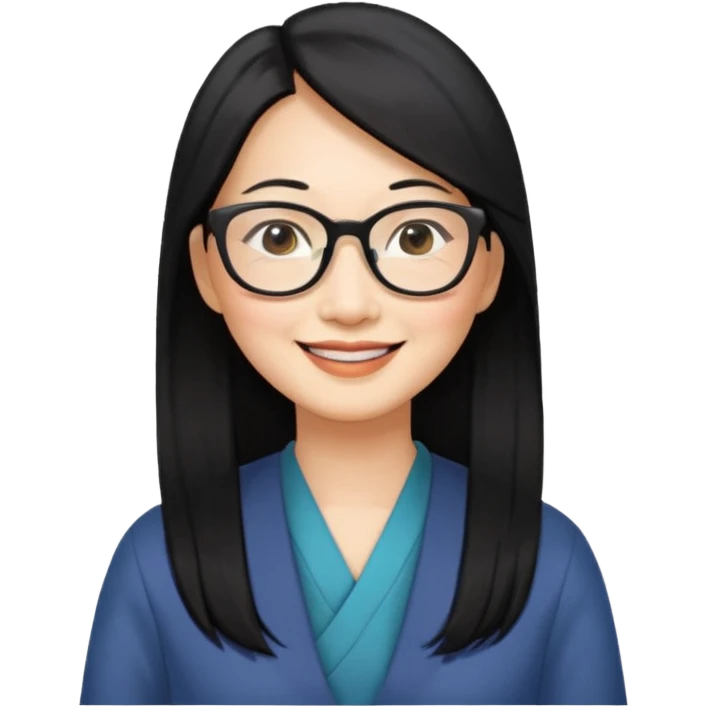 50 yr old asian woman, long straight black hair, side part, big glasses emoji