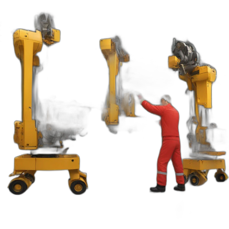 a team of two assembly men, disassembling industrial machinery in red uniforms, with a portico emoji