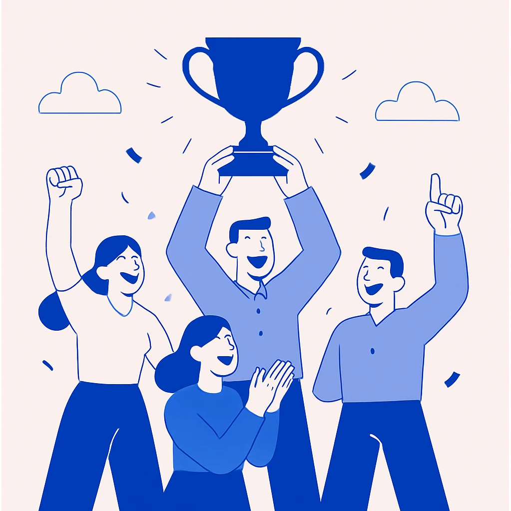 team celebrating with trophy, simple blue illustration, minimalist with bold flat blue colors and clean lines emoji
