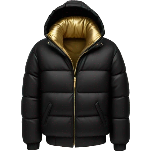 “Create an emoji of a black puffer jacket with a shiny metallic gold inner lining, featuring a hood and a sleek, modern style emoji