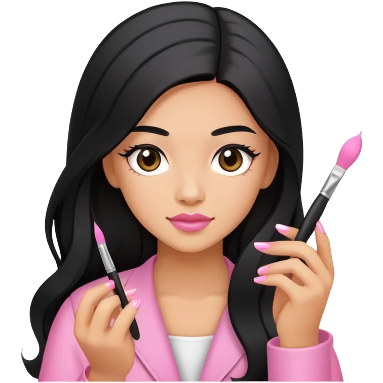 Pink Nail Tech with black long hair holding small acrylic brush emoji