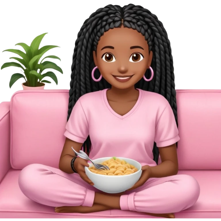 A dark-brown-skinned Black woman with black box braids, sitting on a pink couch, holding a bowl of pasta with a fork, smiling or enjoying the meal. She’s wearing casual, comfy loungewear, relaxed in a cozy setting. emoji
