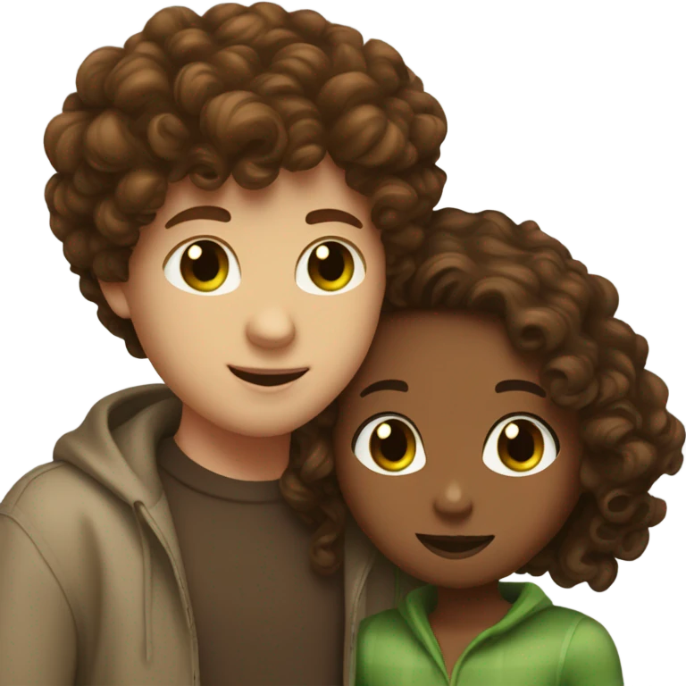 White boy with curly brown hair and green eyes, kissing a brown girl with straight brown hair and brown eyes  emoji