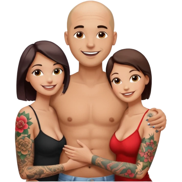 throuple tattooed sleeves bbald male with topless naked big boobed brunette and topless naked big boobed blonde girlfriends  lovingl  and sexy polygamy hott emoji