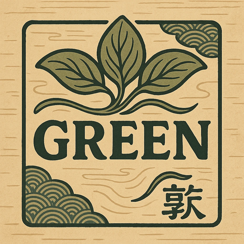 logo for a company called 'green', featuring stylized leaves and elegant Japanese-inspired design, company name incorporated emoji