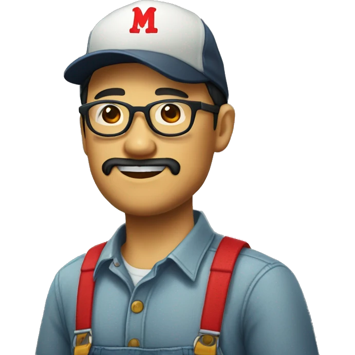 An Asian man with a beard and glasses, wearing an overalls and a button-up shirt and a dark cap with a red letter "M" design emoji