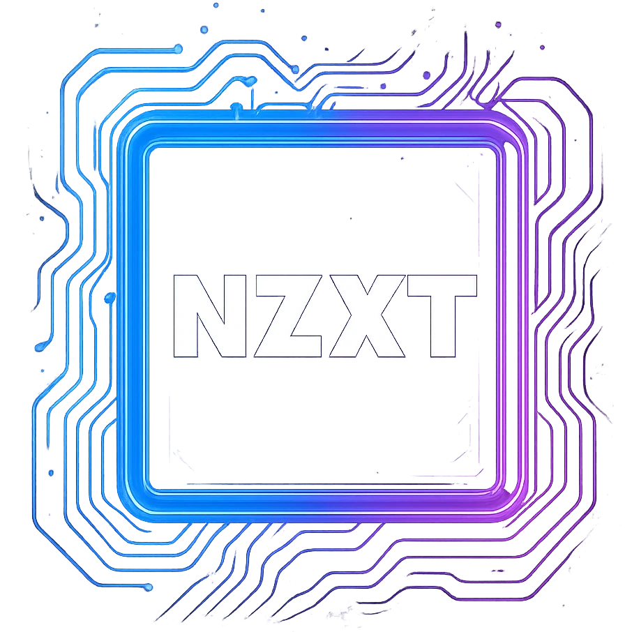 Transform the NZXT logo into a cyberpunk, holographic style with glowing neon blue and pink circuit patterns and edges. Keep the NZXT text bold, crisp, and white for maximum legibility. The main icon should be a glowing purple square with the NZXT text, matching the cyberpunk folder icon style. The overall look should be futuristic, clean, and consistent with previous cyberpunk icons, with the purple square and neon effects floating on a transparent background. emoji