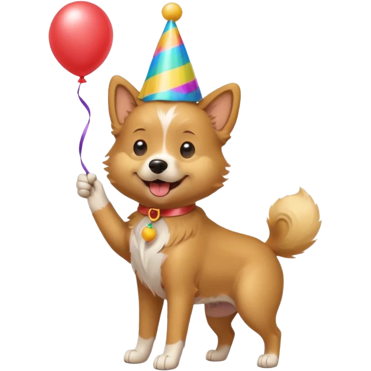 A dog wearing a party hat, wagging its tail while holding a tiny balloon.

















 emoji