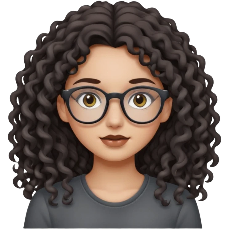 aesthetic white girl with dark brown, long curly hair, she wears a dark grey top and  glasses and her eyes are black emoji