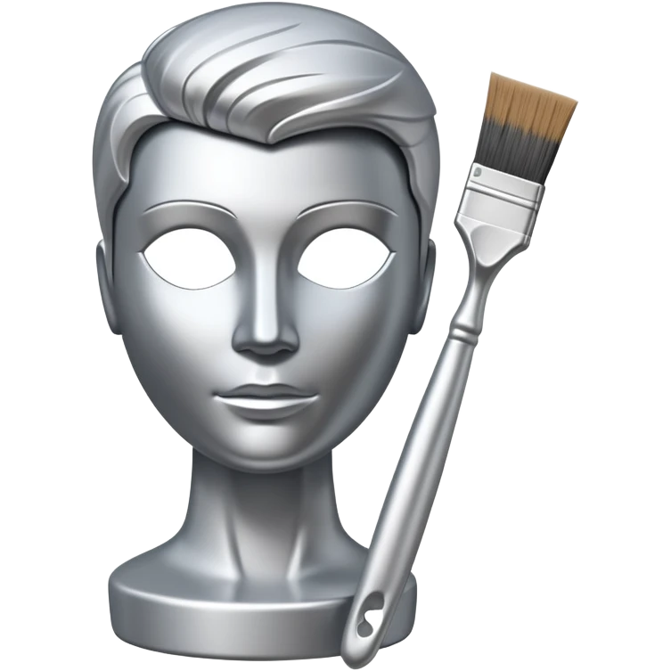 A paintbrush that transforms into a human metal silver silhouette sculpture, symbol of artistic identity, with a polished silver metallic finish emoji