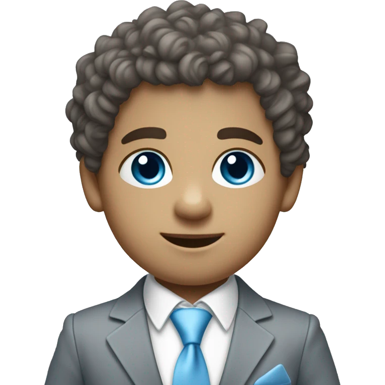Little young  gentleman wearing a grey suit with white shirt and baby blue tie with blue eyes , white  skin and brown curly hair and full body . Wearing a watch  emoji