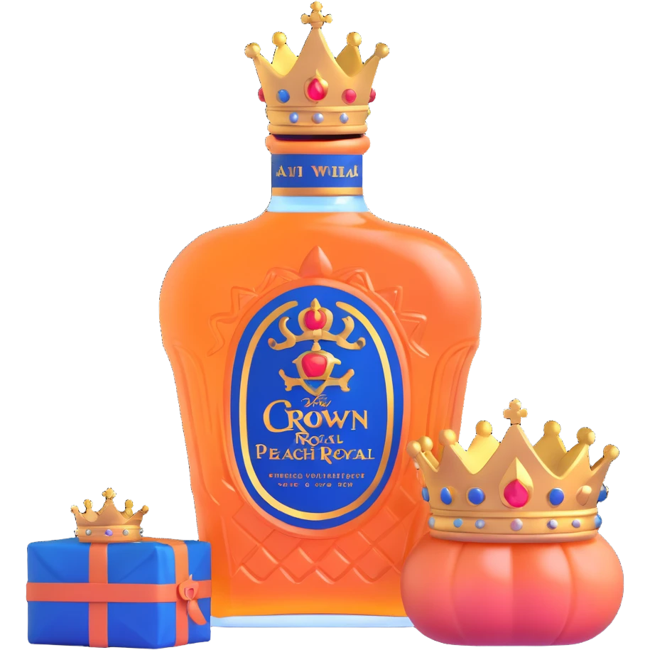 Crown Royal Peach whisky bottle with peach-colored bag and gold crown emoji