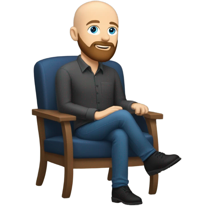 Bald, Caucasian, sky-blue-eyed, Psychotherapist in a modern colorful chair. He has a brown full beard and he’s Wearing a black dress shirt with a subtle pattern, blue jeans and black Chelsea boots with his legs separted leaning forward grey in goatee emoji
