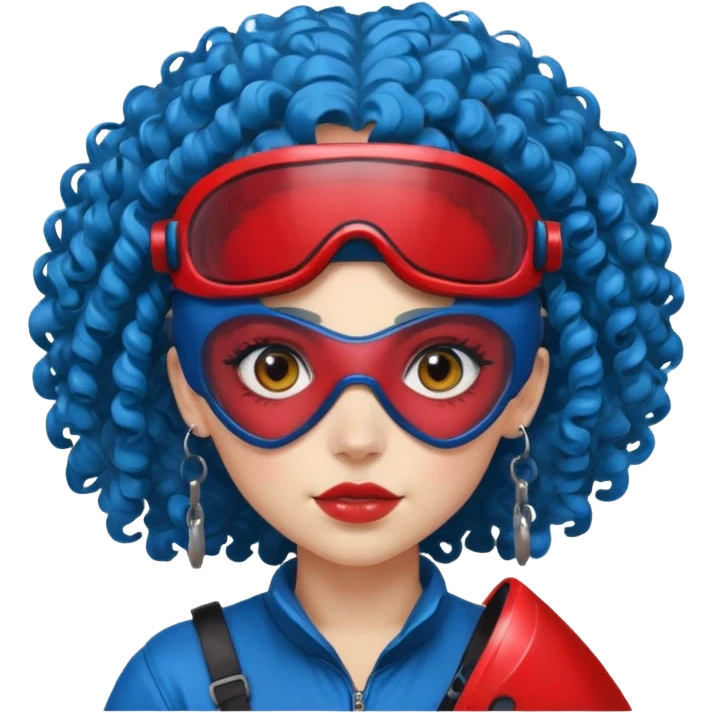 blue curly haired girl with huge earrings wearing red paintball helmet and eye protection, only face  emoji