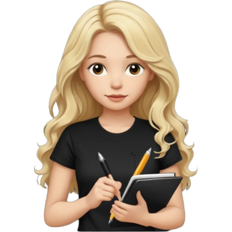 a beautiful blonde with long wavy hair-in-a-black-t shirt-a writes in a diary with a pen emoji