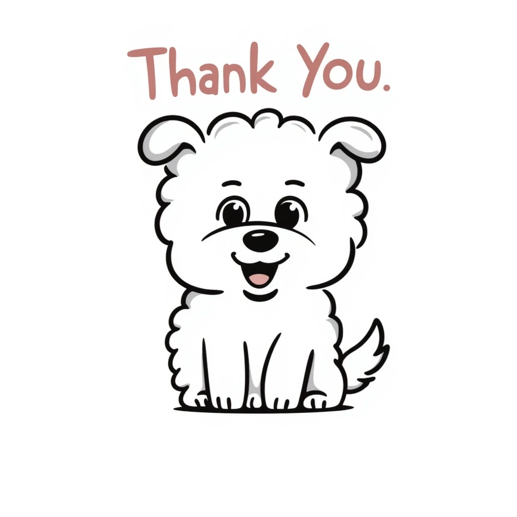 cute bichon frise dog with a happy expression, with the words 'Thank You' above its head in a soft, pastel-colored font, text smaller than the dog, clear and readable at small size, designed for use as a Slack emoji emoji