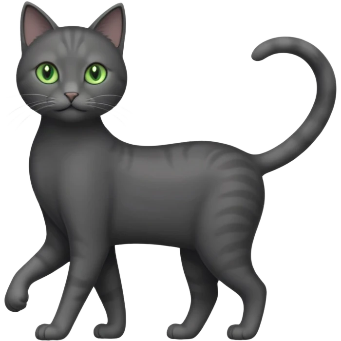 full body solid dark grey cat with green eyes, white paws and white whiskers walking emoji