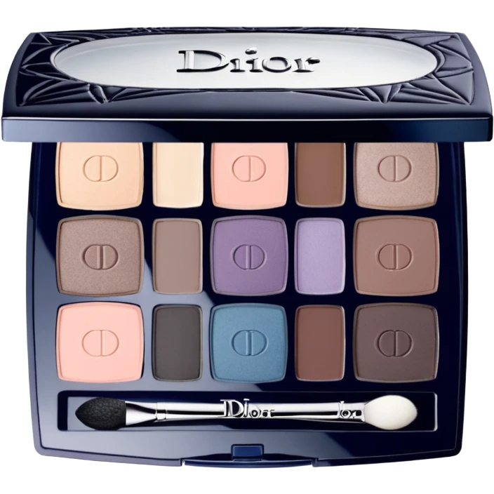 A 9-shade Dior eyeshadow palette with cool tones, embossed logos, and a clear lid. emoji