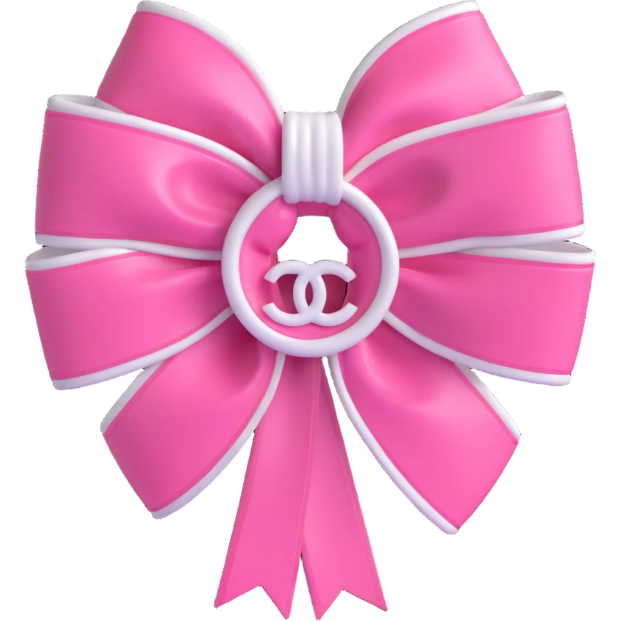 Replace the logo with the authentic interlocking double C Chanel logo, keep the bow pink and white, shiny, elegant, 3D emoji style, no background. emoji