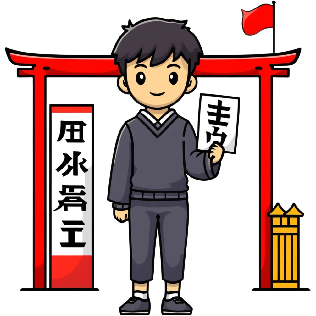 Japanese high school boy welcoming visitors with poster at cultural festival entrance emoji