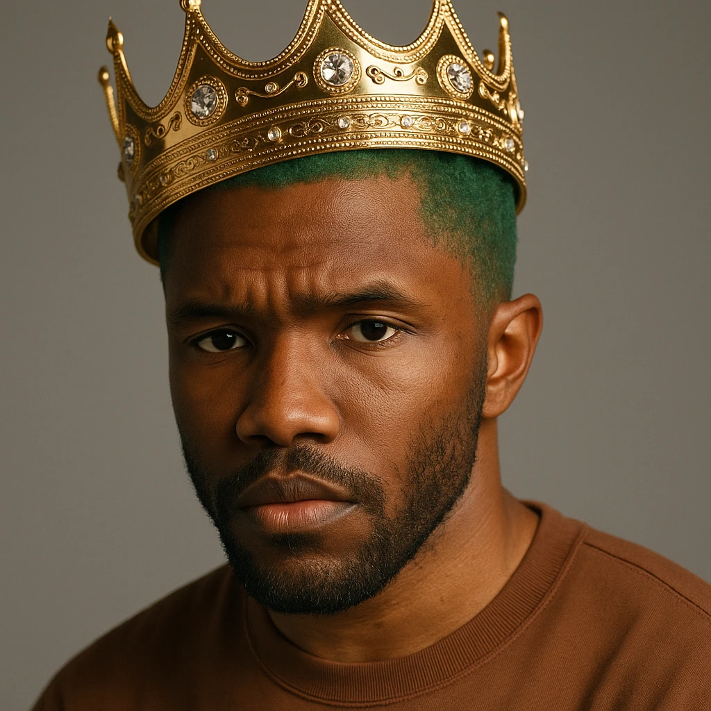 detailed portrait of Frank Ocean with green hair wearing Kendrick Lamar's crown emoji