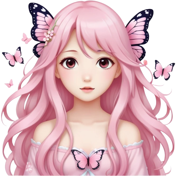 A Gorgeous Beautiful Anime Lady Sakura Cherry Blossom and Pretty Hair, pastelcore aesthetic, pastel pink and white, butterfly, Fairycore emoji