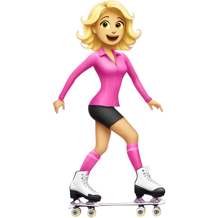 Blonde lady roller skating wearing pink emoji