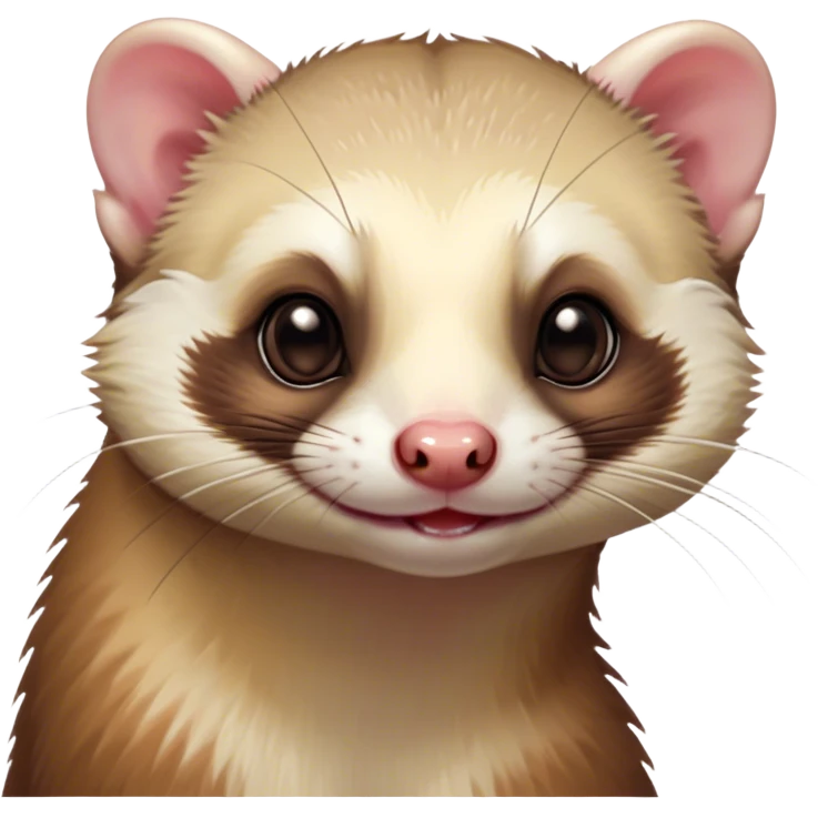 Cinematic Cute Ferret Portrait Emoji, Head tilted playfully, with an elongated, flexible body and a characteristically curious expression, featuring a short, pointed snout, bright, sparkling eyes, and soft fur in warm brown and cream tones, Simplified yet irresistibly adorable features, highly detailed, glowing with a warm, friendly glow, high shine, affectionate and lively, stylized with a touch of whimsical mischief, soft glowing outline, capturing the essence of a fun-loving and mischievous ferret that feels like it could scamper straight into your heart! emoji