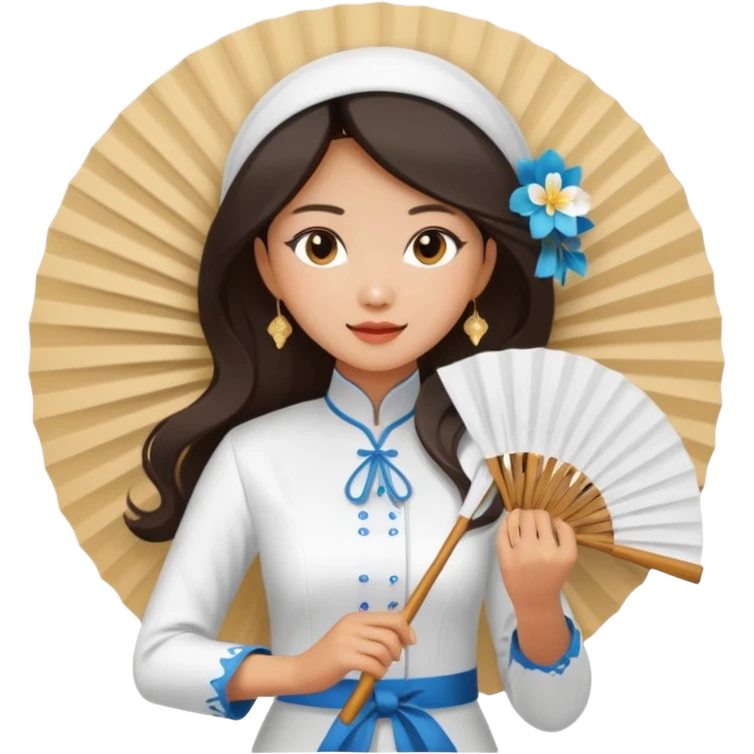 a vietnamese woman wearing a white ao dai holding a folding fan elegantly, wearing a nón lá emoji