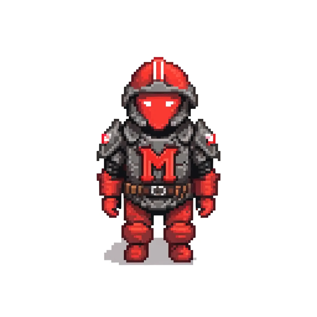 military person in black and red armor, wearing a black flag on back with red letter M in center emoji