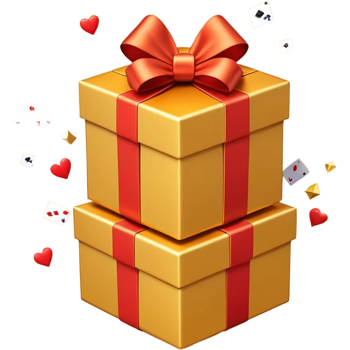 3D emoji style illustration of a big golden gift box with a shiny orange ribbon, a red off-road SUV car jumping out of the box, bright glowing orange background, small playing cards and sparkles flying around, no text, high resolution, square image emoji