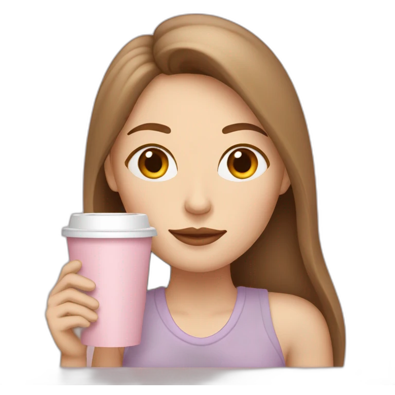 woman with pale skin and middle brown long thin hair sipping coffee sleeping from a light pink takeaway cup emoji