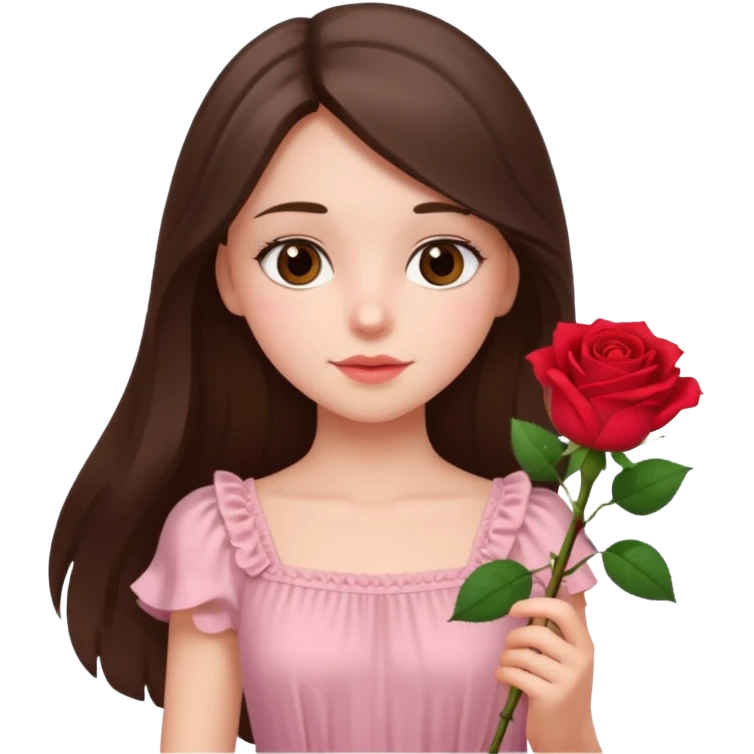 white brunette girl long hair with hazel eyes in light pink dress holding a flower emoji