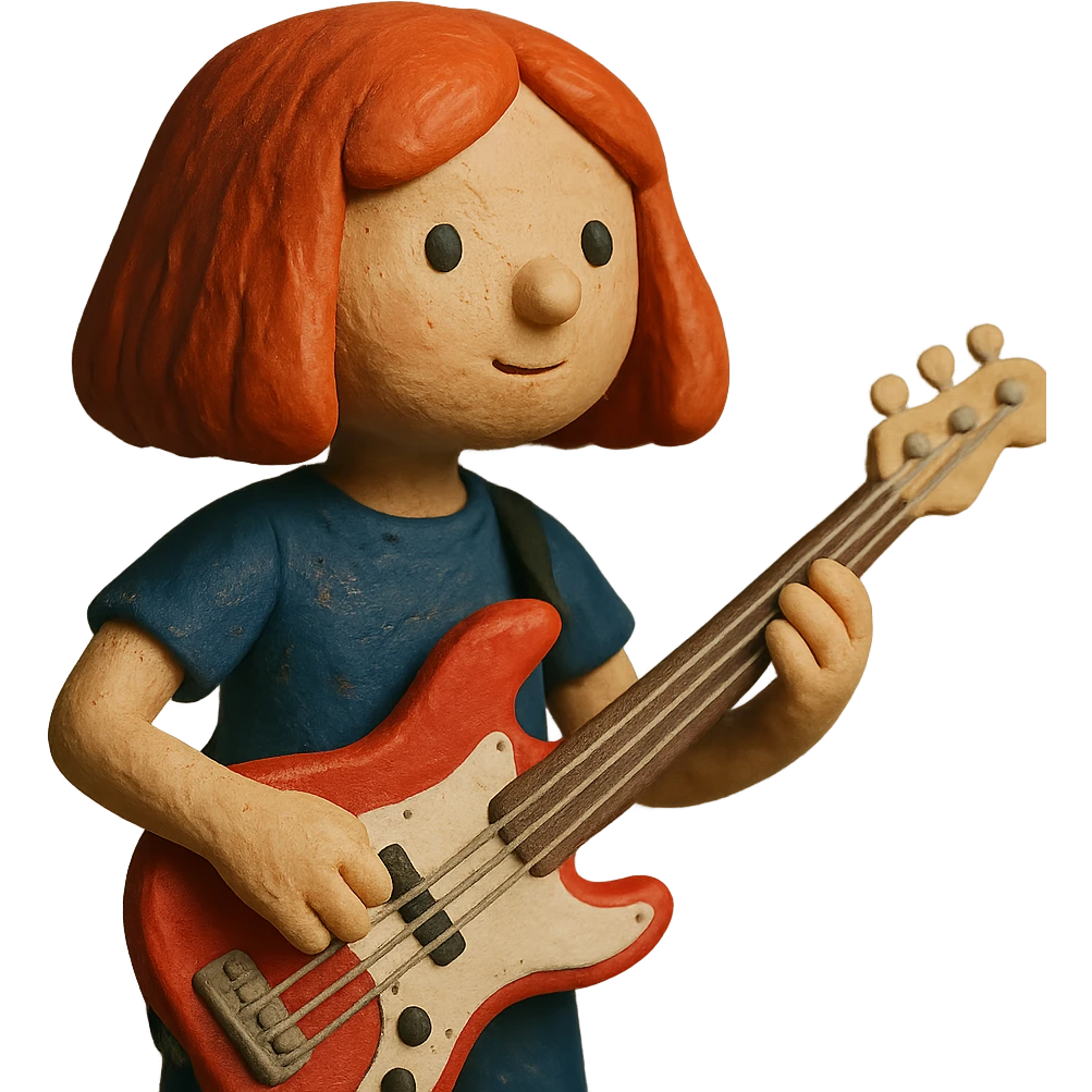 girl with red hair and red bass guitar, long bob hairstyle emoji