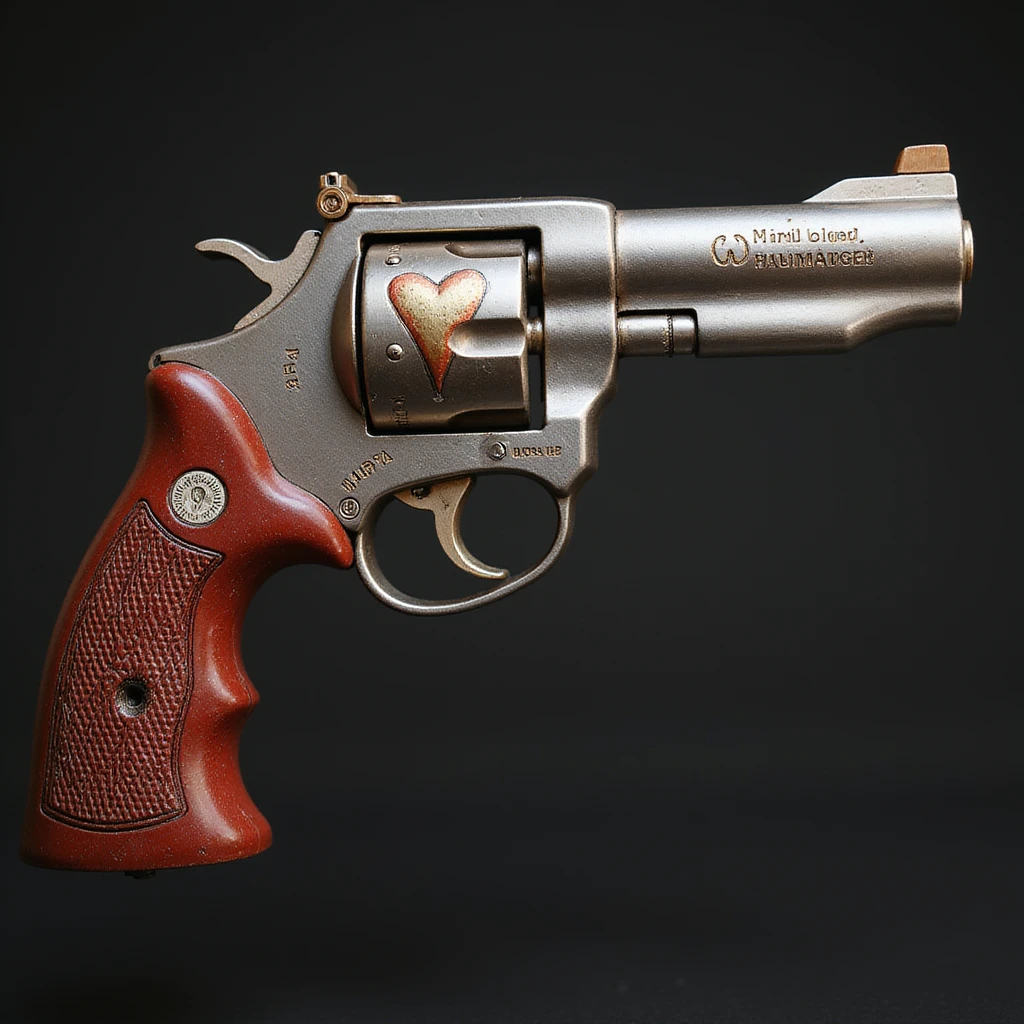a realistic revolver with a heart motif, metallic and red accents, photorealistic style emoji
